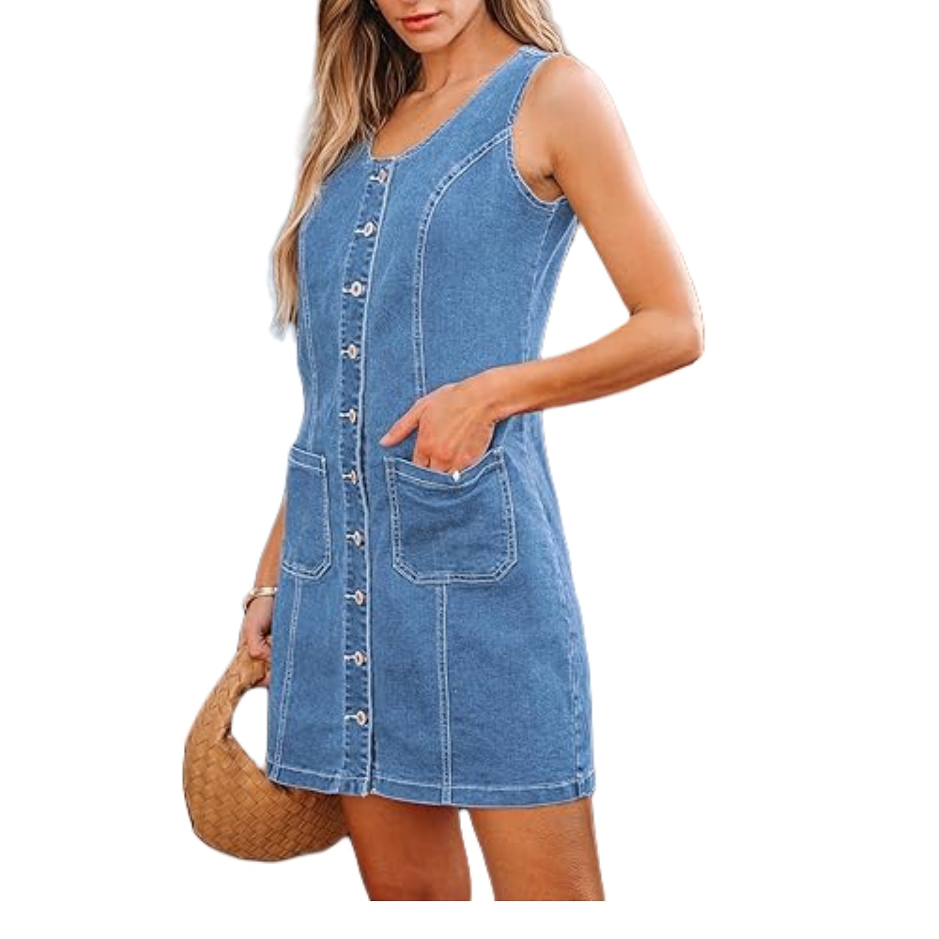 Women's Sleeveless Denim Mini Dress with Full Button Placket and Patch Pockets Chichicherry