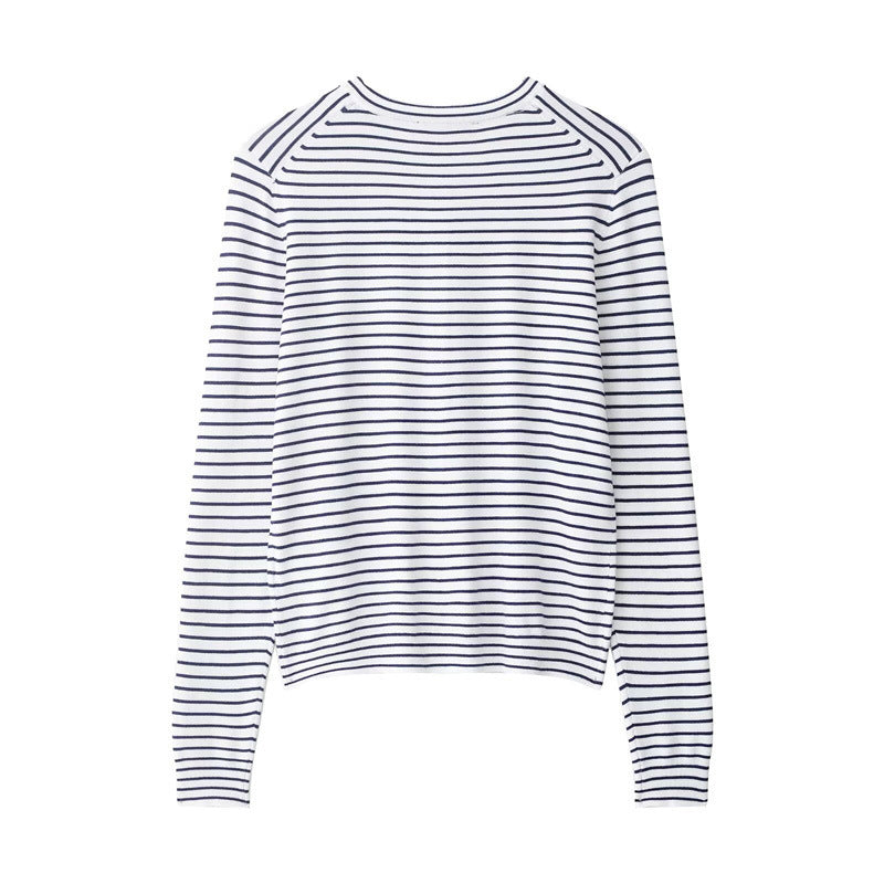 Women's fine knit cardigan with nautical striped pattern, round neckline and mother-of-pearl button placket Chichicherry