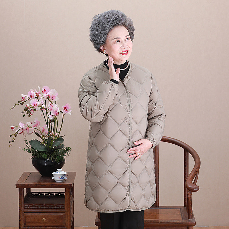 Women’s collarless long quilted thermal coat with diamond quilting Chichicherry