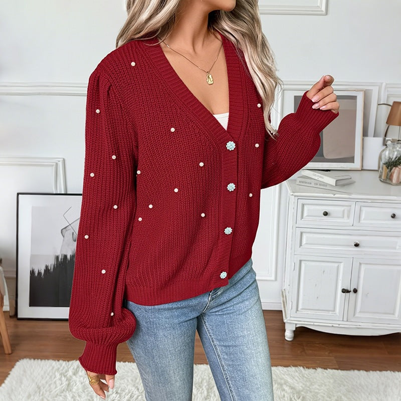 Women Pearl-Embellished Chunky Knit Cardigan with V-Neck Chichicherry