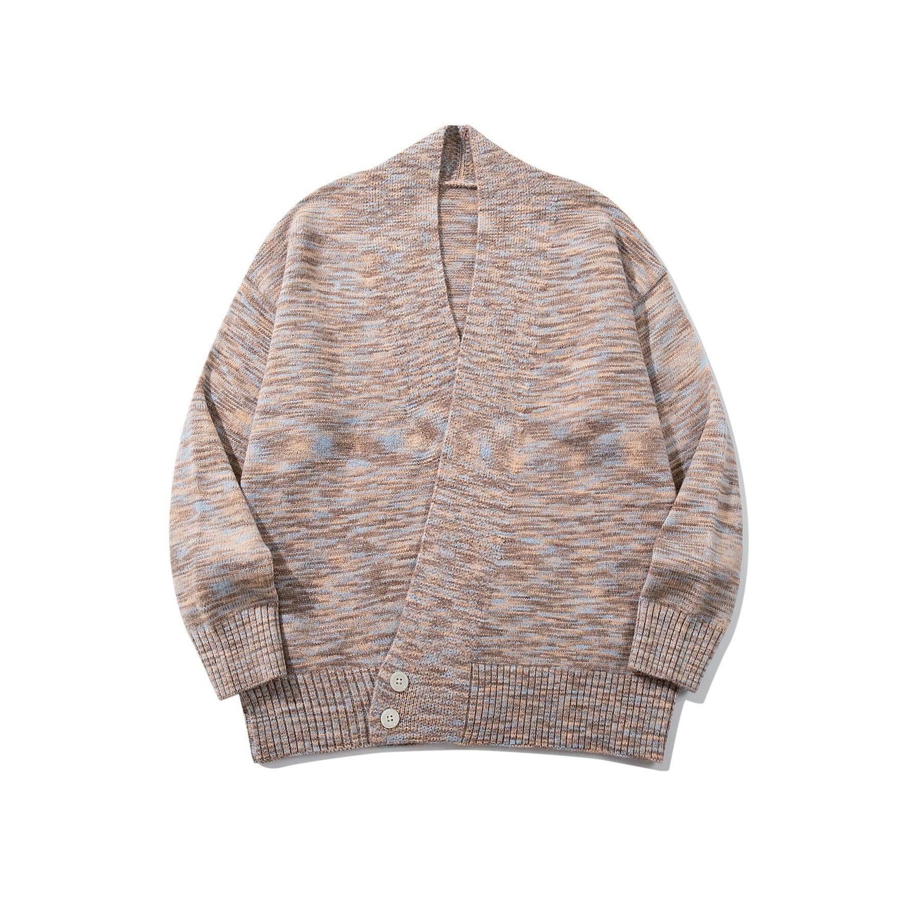 Women Oversize Knit Cardigan with Deep V-Neck, Button Placket at Hem and Melange Structure Chichicherry