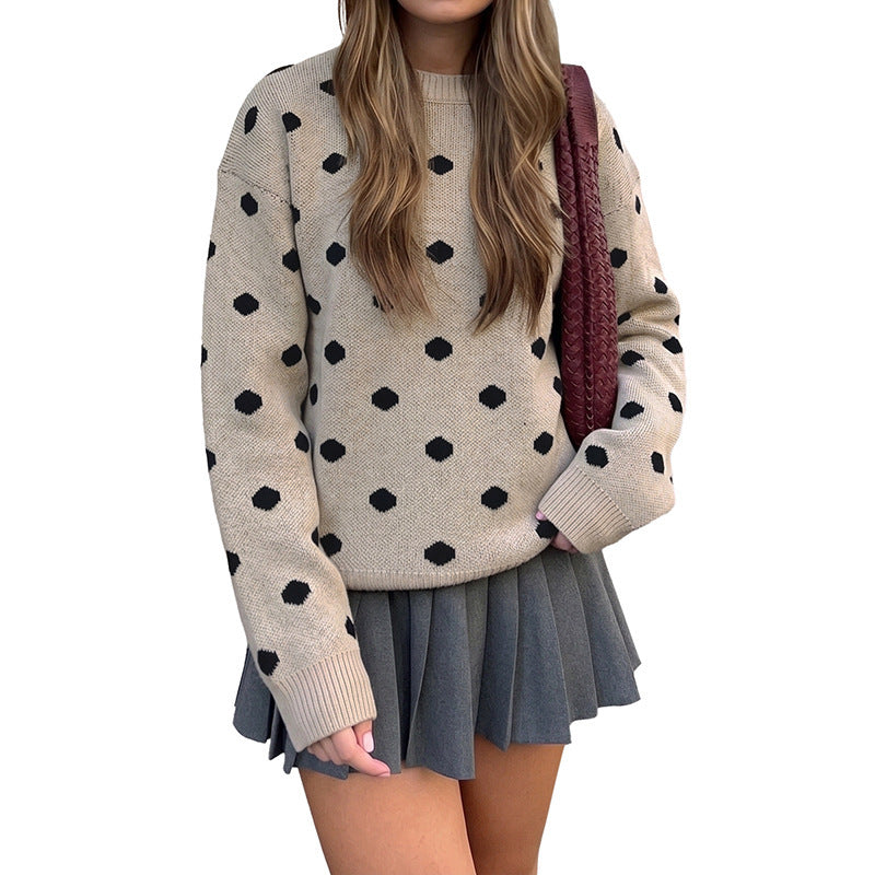 Women's oversized sweater with polka dot jacquard, round neckline and ribbed cuffs Chichicherry