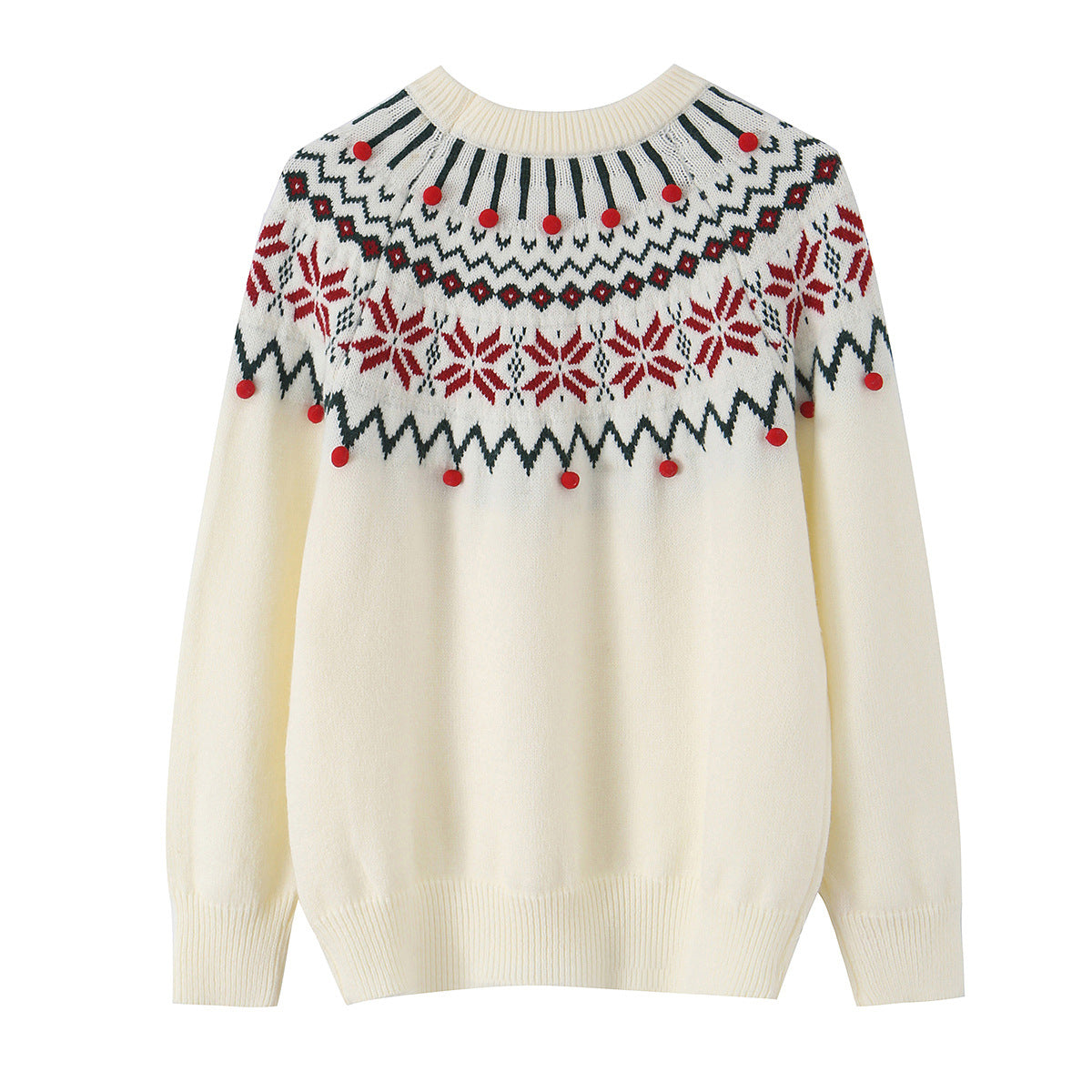 Women’s Norwegian Pattern Knit Sweater with Round Neck and Three-Dimensional Pompons Chichicherry