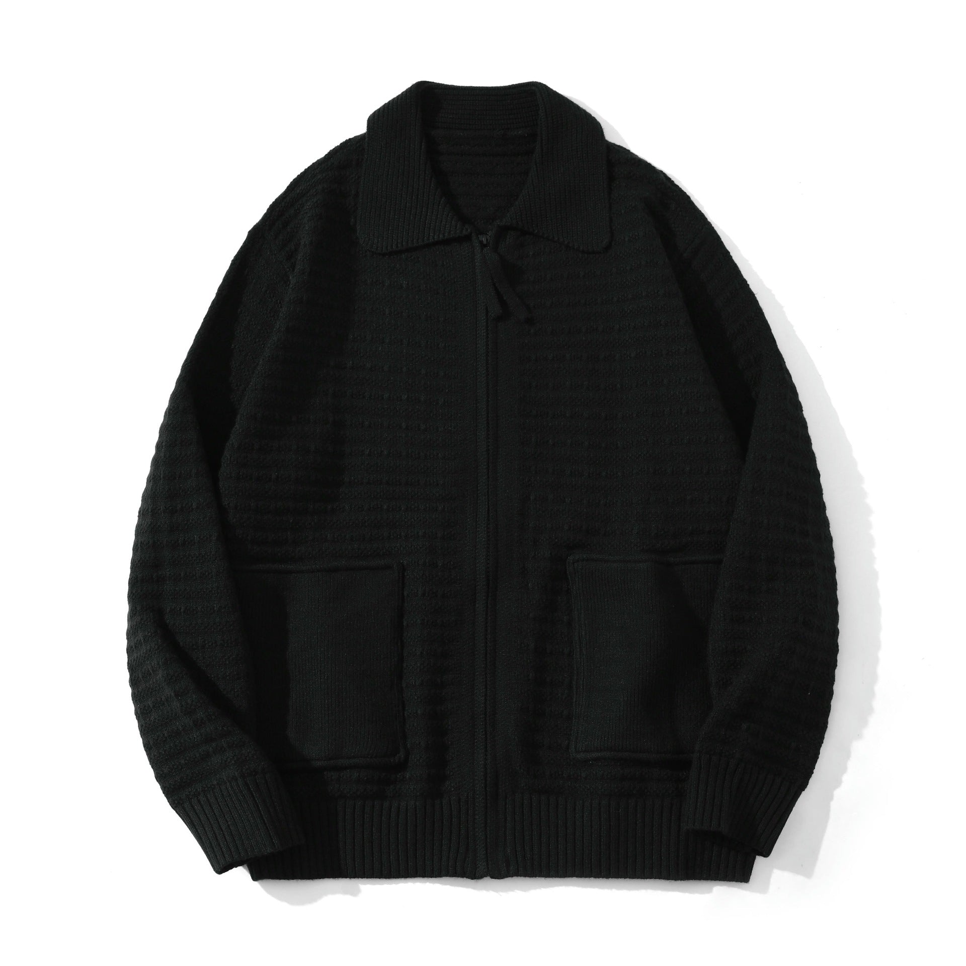 Unisex Structured Zip Knit Cardigan with Large Lapel Collar Chichicherry