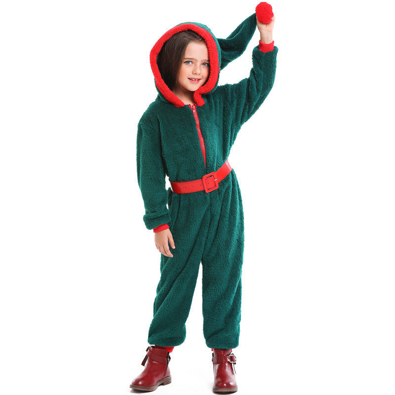 Girls cozy Christmas overall with hood and belt Chichicherry