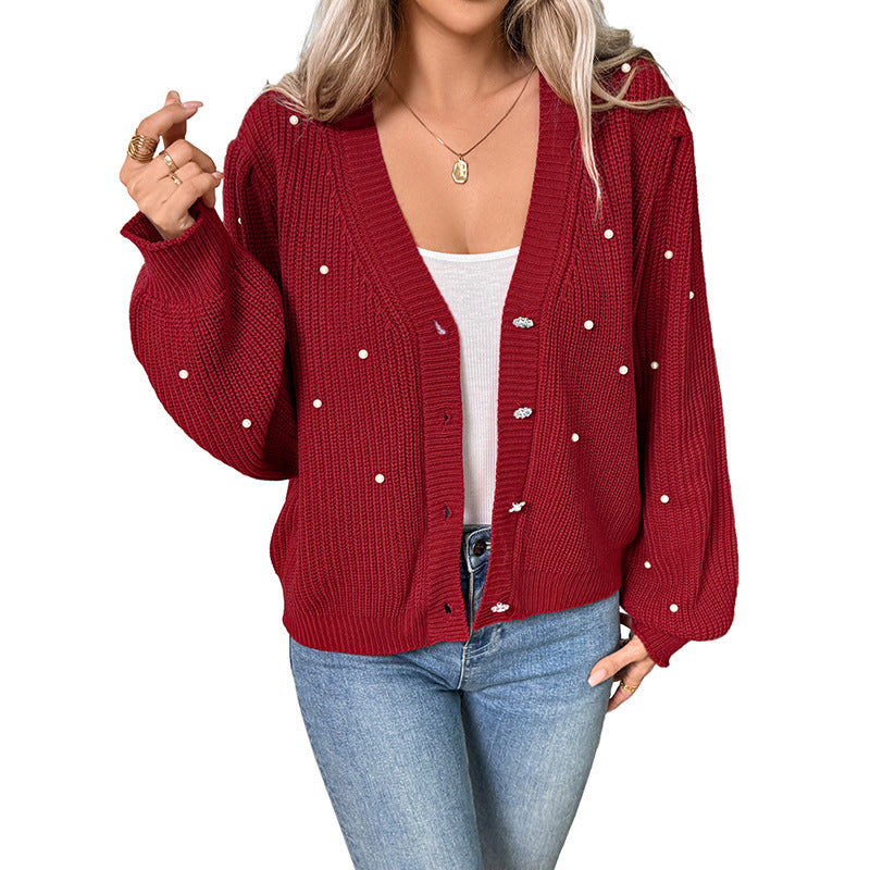 Women Pearl-Embellished Chunky Knit Cardigan with V-Neck Chichicherry