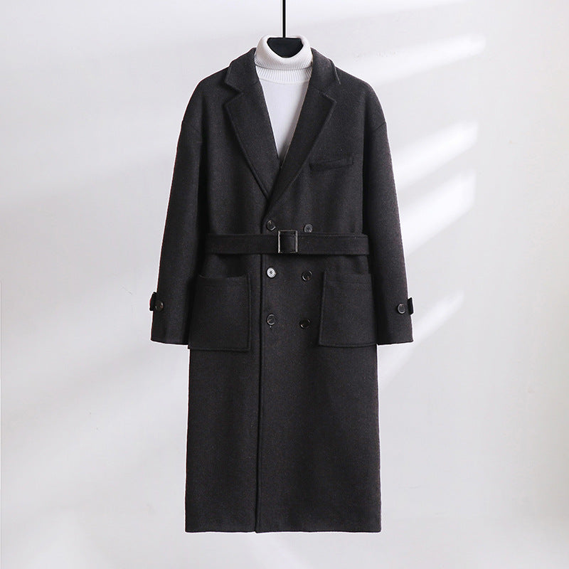 Men's Double-Breasted Wool Blend Long Coat with Notched Lapels and Flap Pockets Chichicherry