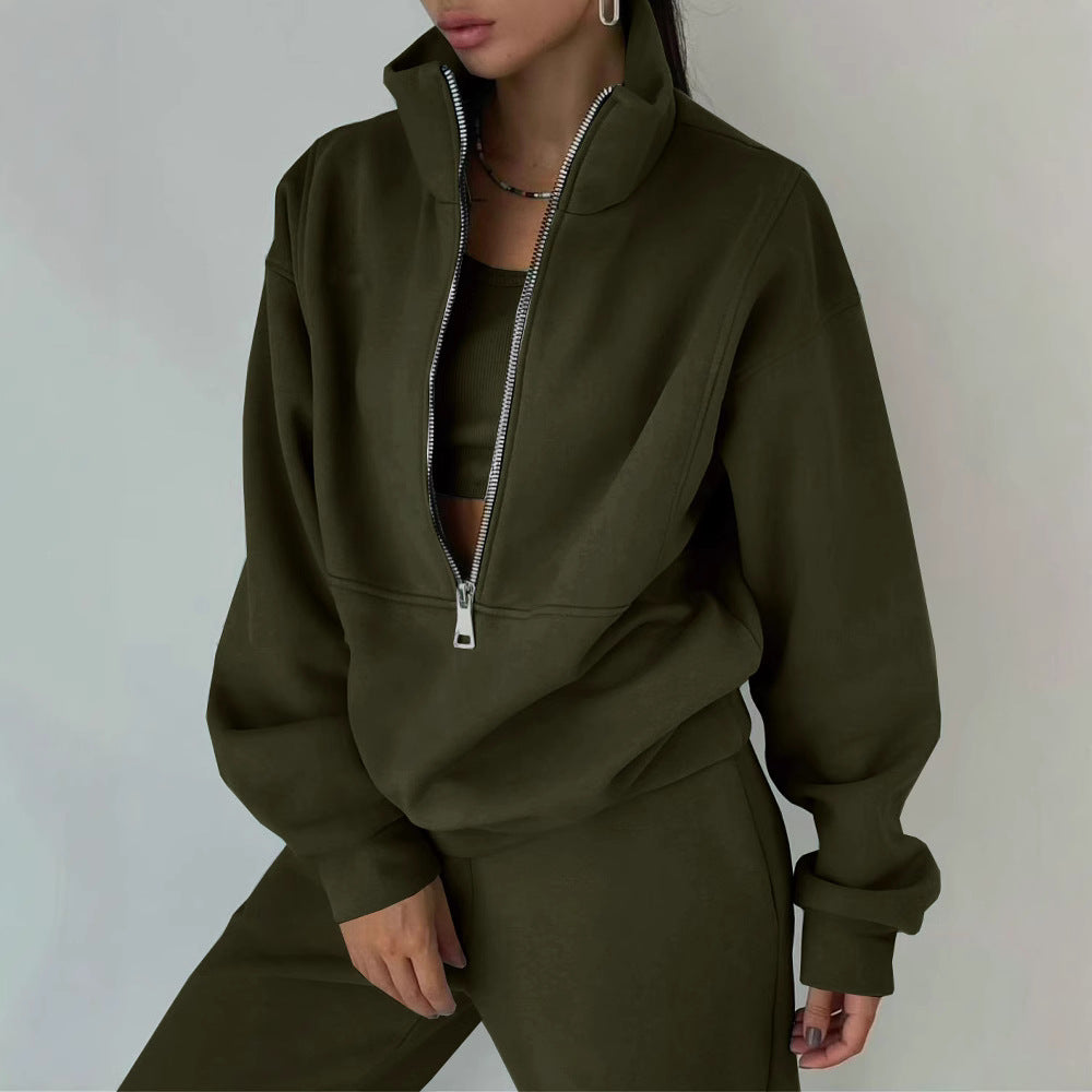 Damen Oversized Halbzip-Sweatshirt mit Stehkragen und passender High-Waist-Jogginghose Chichicherry