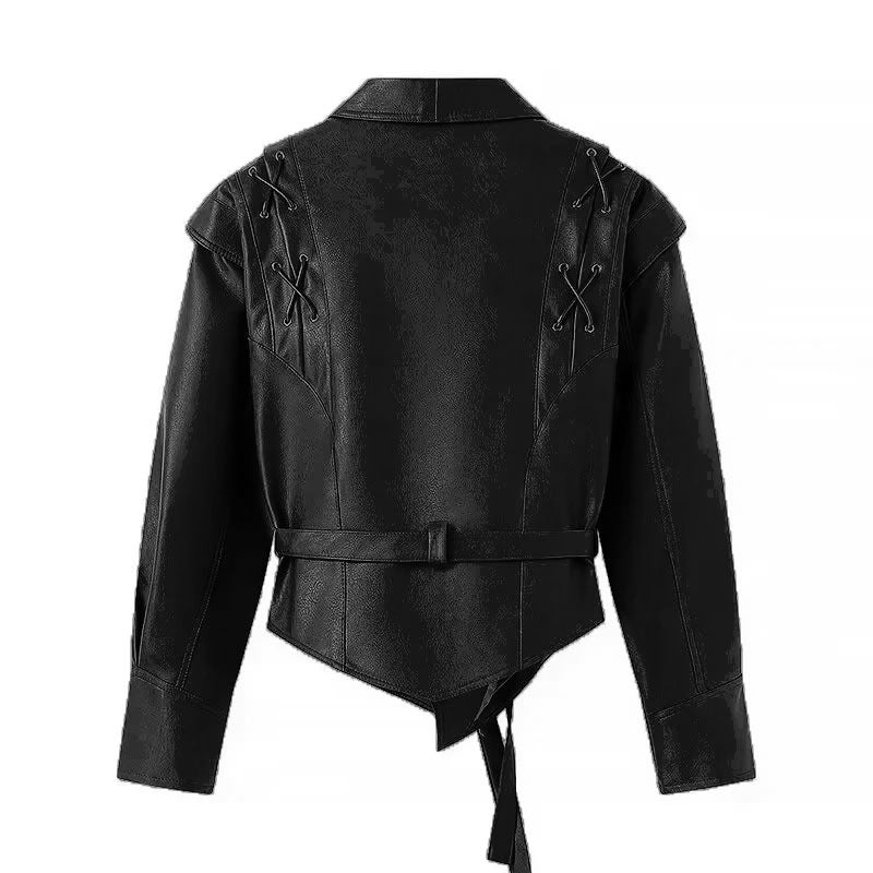 Women Tailored Faux Leather Blazer with Wrap Belt and Lacing on the Shoulders Chichicherry