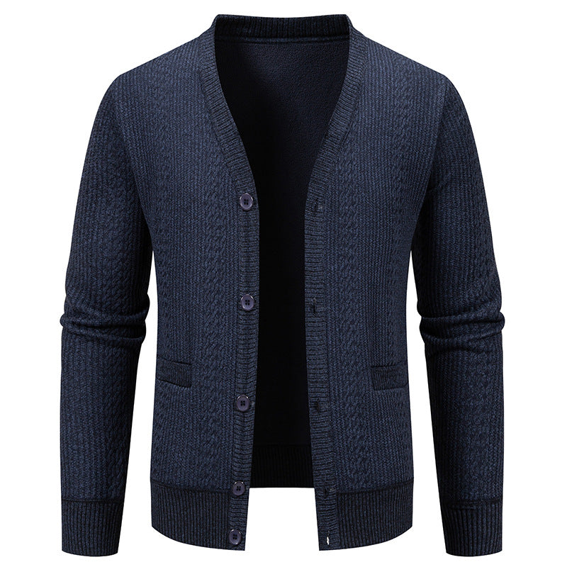 Men's Textured V-Neck Knit Cardigan with Button Placket and Pockets Chichicherry