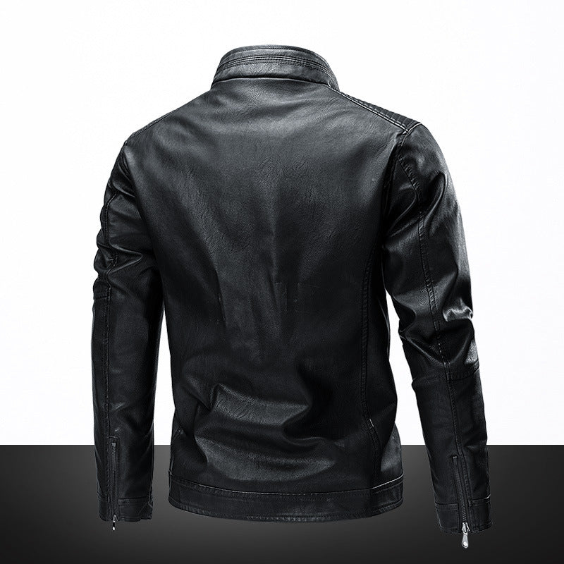 Men's Faux Leather Moto Jacket with Stand Collar, Quilted Shoulder Yoke and Slim Silhouette Chichicherry