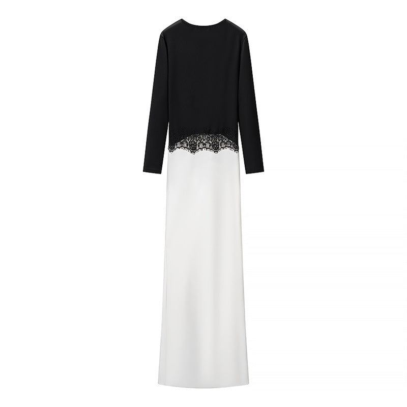 Women Two-tone Maxi Dress with Gathered V Yoke, Lace Trim and Long Sleeves Chichicherry