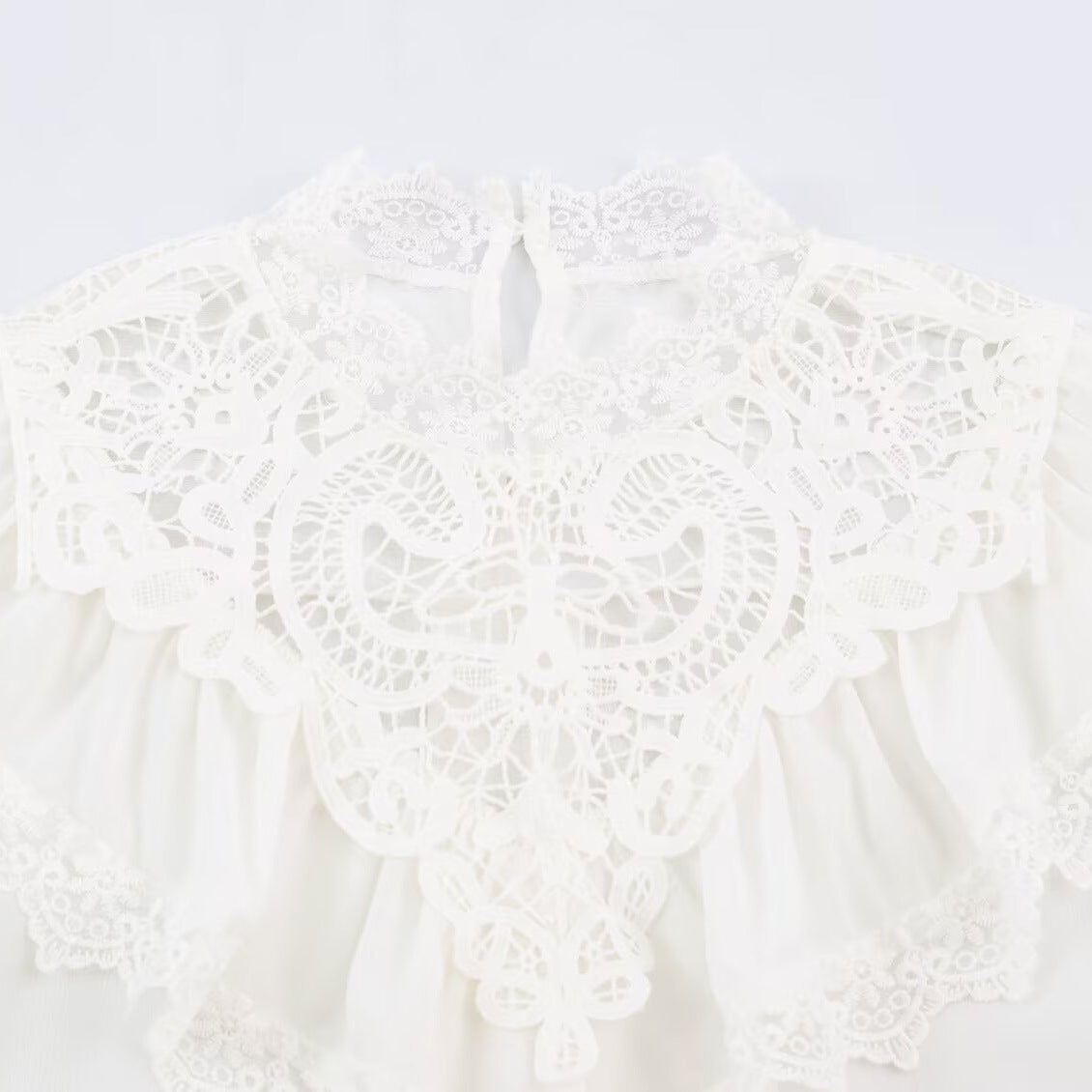 Women's Romantic Lace Blouse with Ruffles and Stand-Up Collar Chichicherry