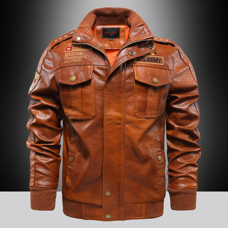 Men's insulated faux leather bomber jacket in military look with appliqués and ribbed finishes Chichicherry