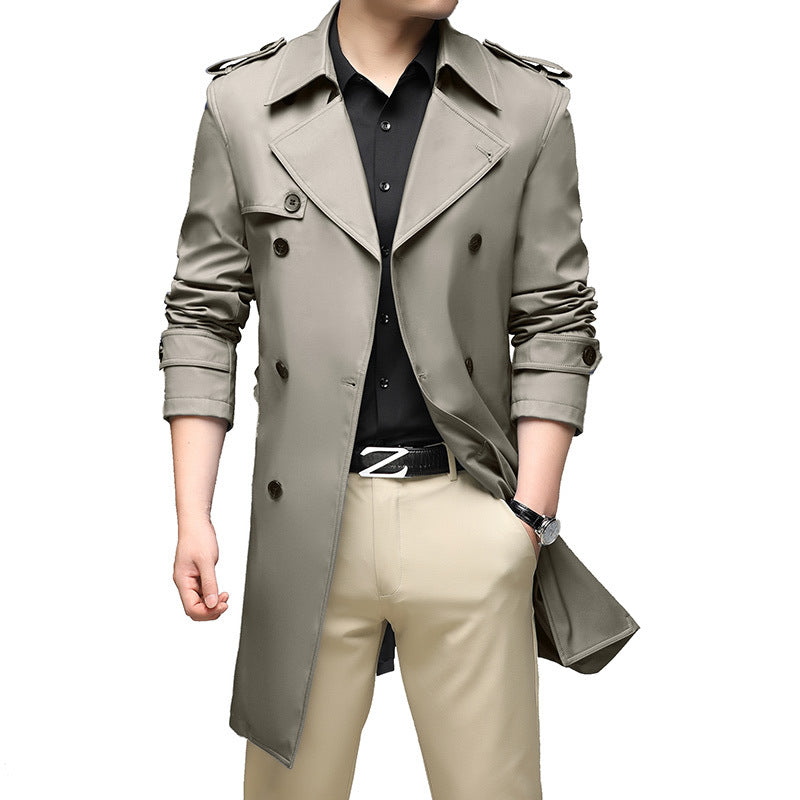 Men's Long Slim-Fit Double-Breasted Trench Coat with Epaulettes and Waist Belt Chichicherry