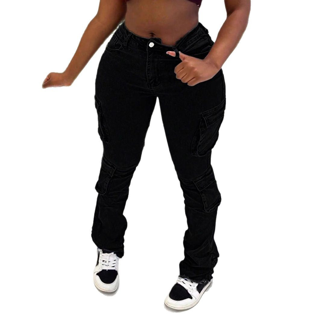 Ladies High-Waisted Cargo Jeans with Multiple Flap Pockets and Long Leg Chichicherry