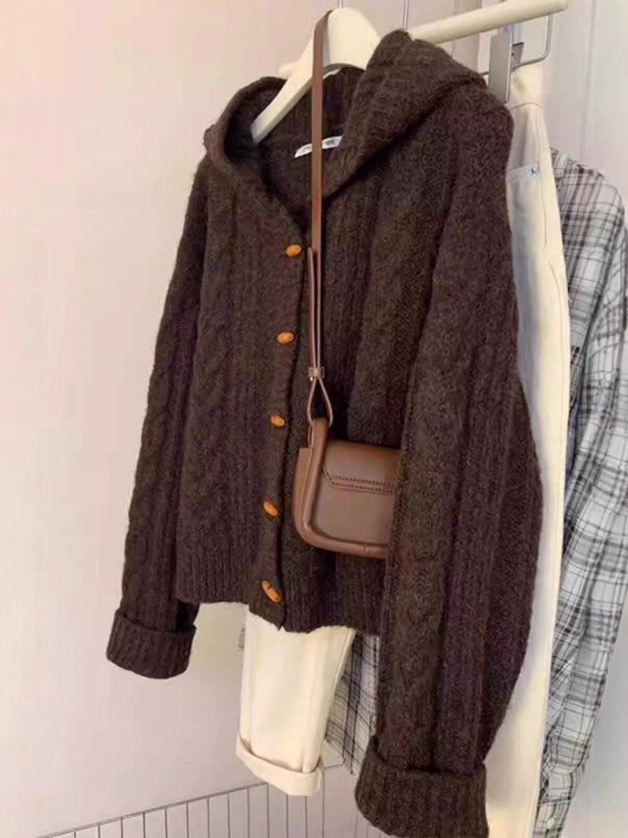 Ladies hooded cardigan with cable knit, wooden button placket and boxy silhouette Chichicherry