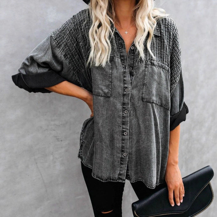 Women's Oversized Denim Blouse with Quilted Yoke, Button Placket and Patch Chest Pockets Chichicherry