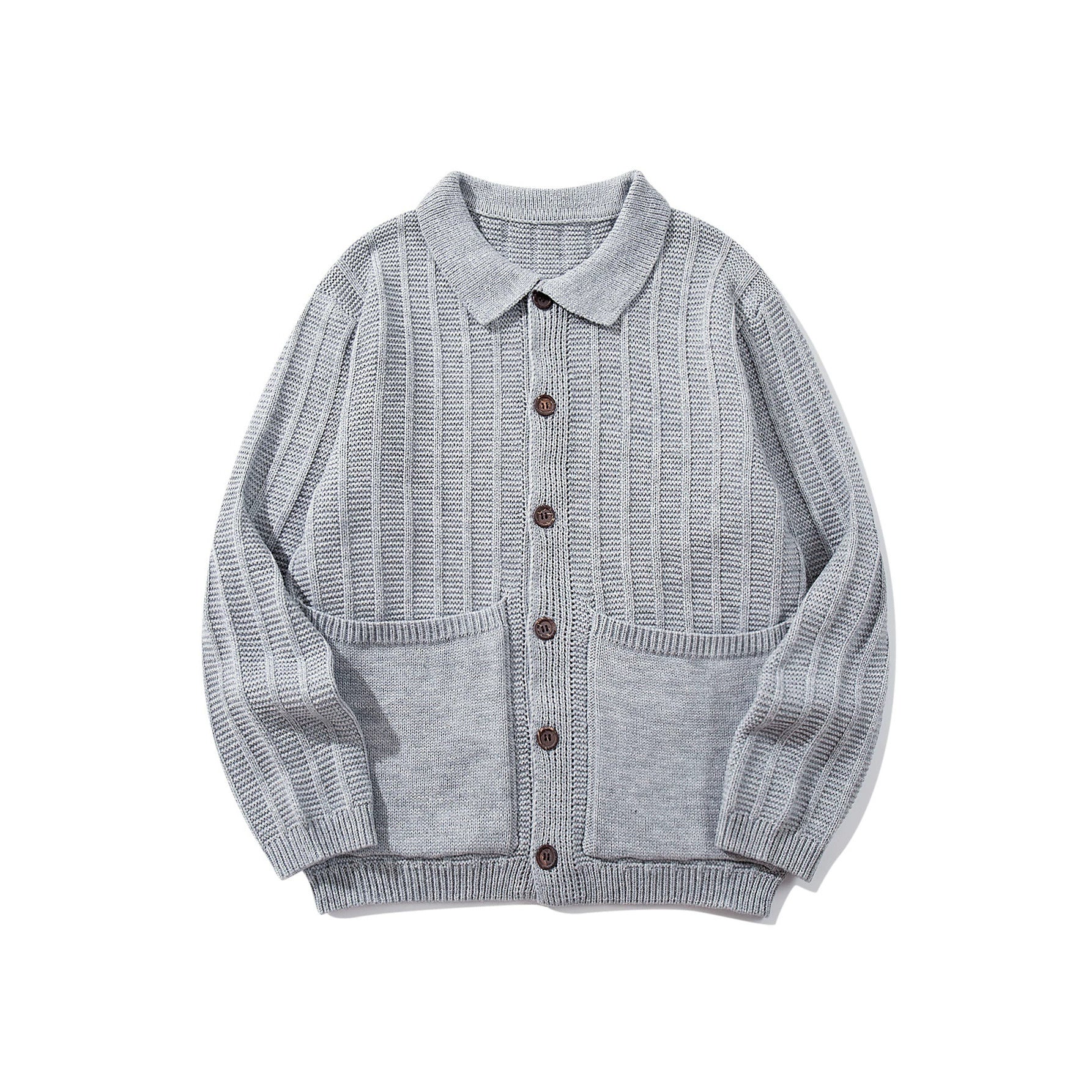 Unisex Textured Knit Cardigan with Shirt Collar and Patch Pockets Chichicherry