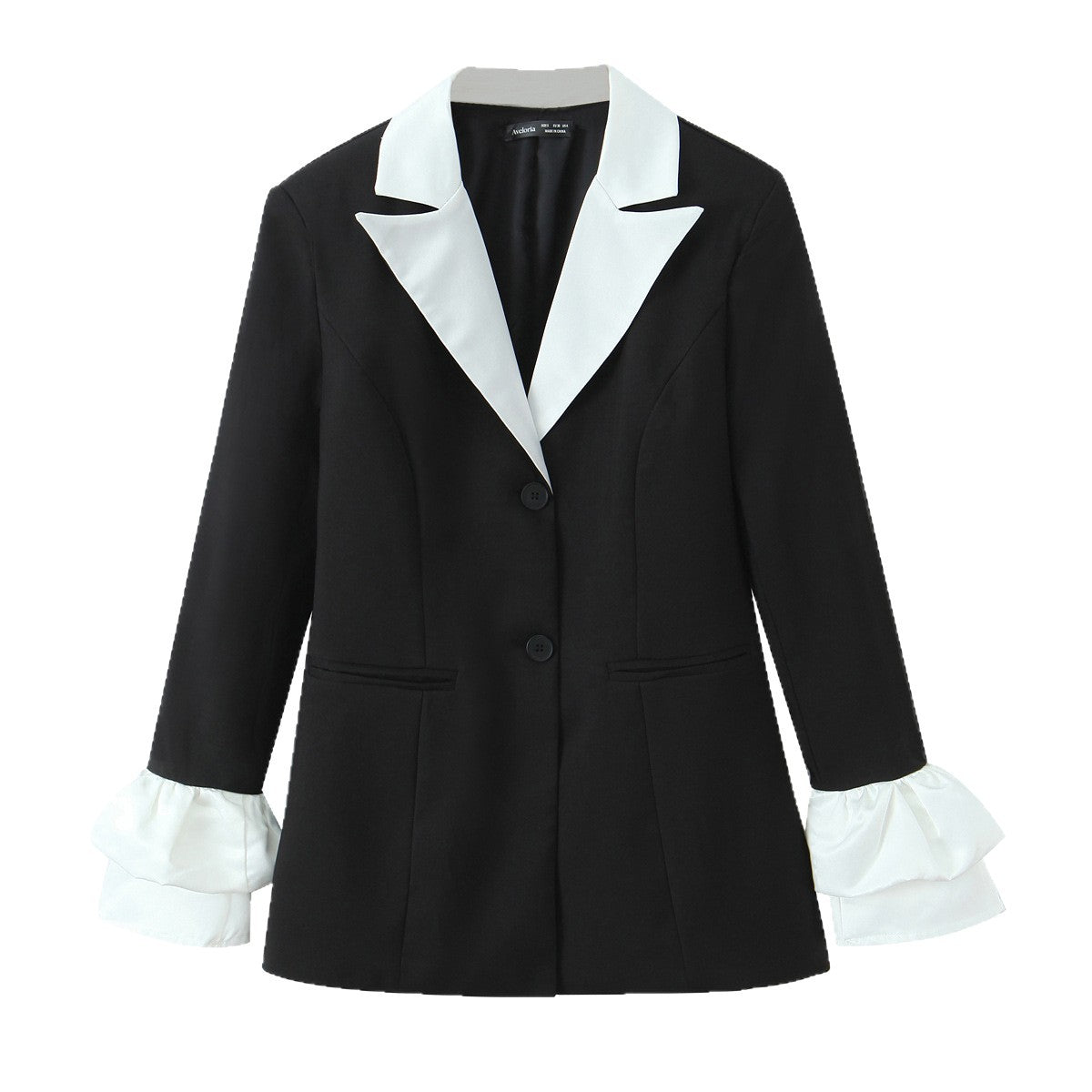 Women's statement blazer with contrasting shawl collar and ruffle cuffs Chichicherry