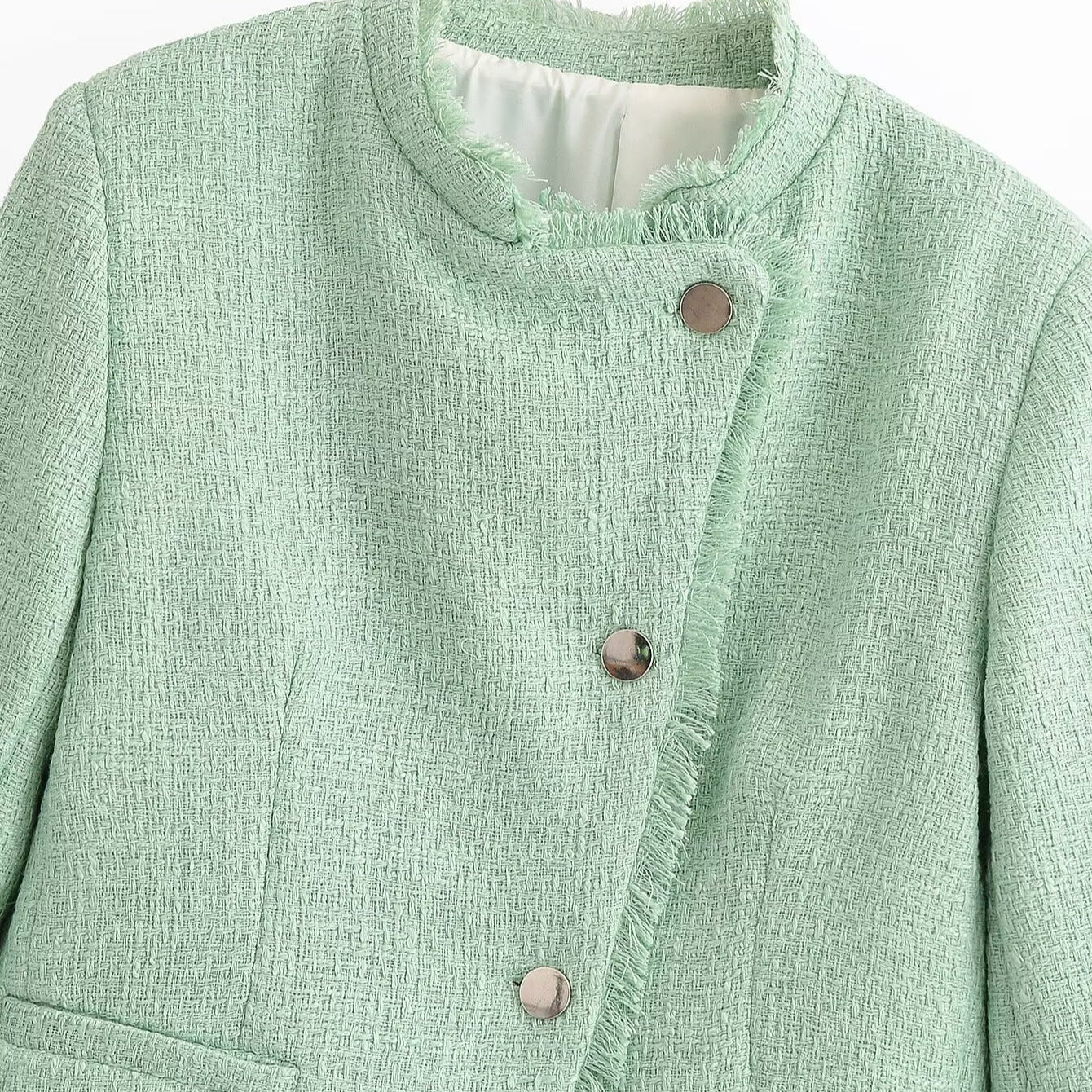 Women Cropped Boucle Blazer with Fringe Hem, Stand-up Collar and Piped Pockets Chichicherry