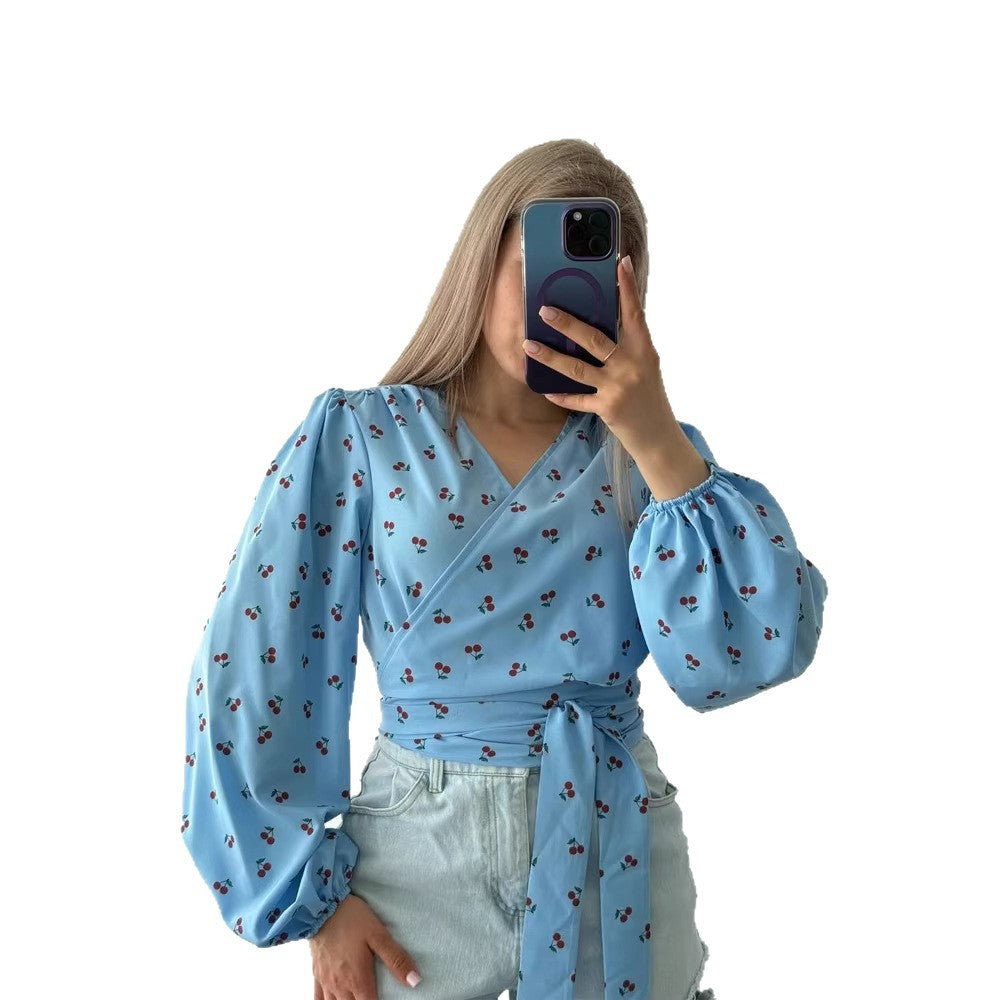 Women's wrap blouse with cherry print, wide puff sleeves & tie belt Chichicherry