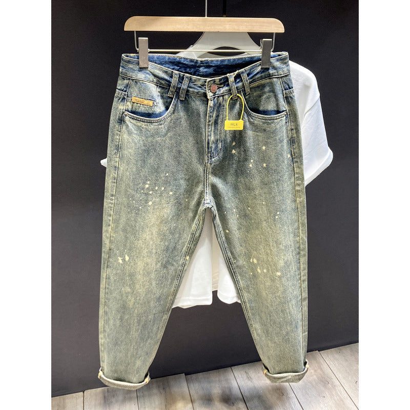 Herren Relaxed-Tapered Vintage-Jeans mit Paint‑Splatter, hohem Bund und umgeschlagenem Saum Chichicherry