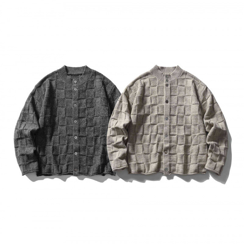 Unisex Structured Boxy Cardigan with Check Pattern Chichicherry