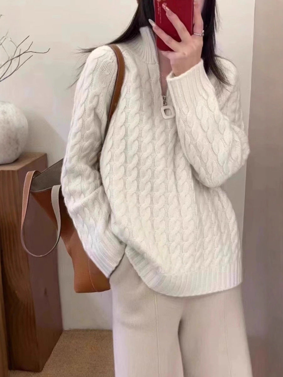 Ladies Oversize Cable Pattern Fine Knit Sweater with Half Zipper and Stand-Up Collar Chichicherry
