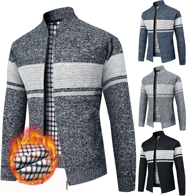 Men's thermal knitted zip jacket with stand-up collar and checkered fleece lining Chichicherry