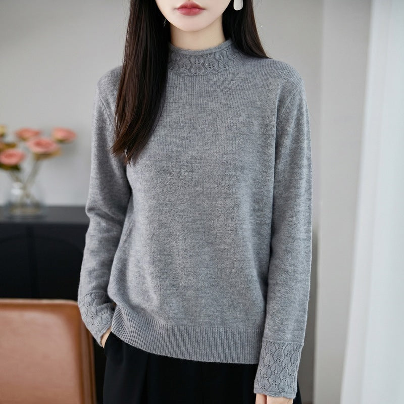 Ladies Mockneck fine knit pullover with eyelet detail at collar and cuffs Chichicherry