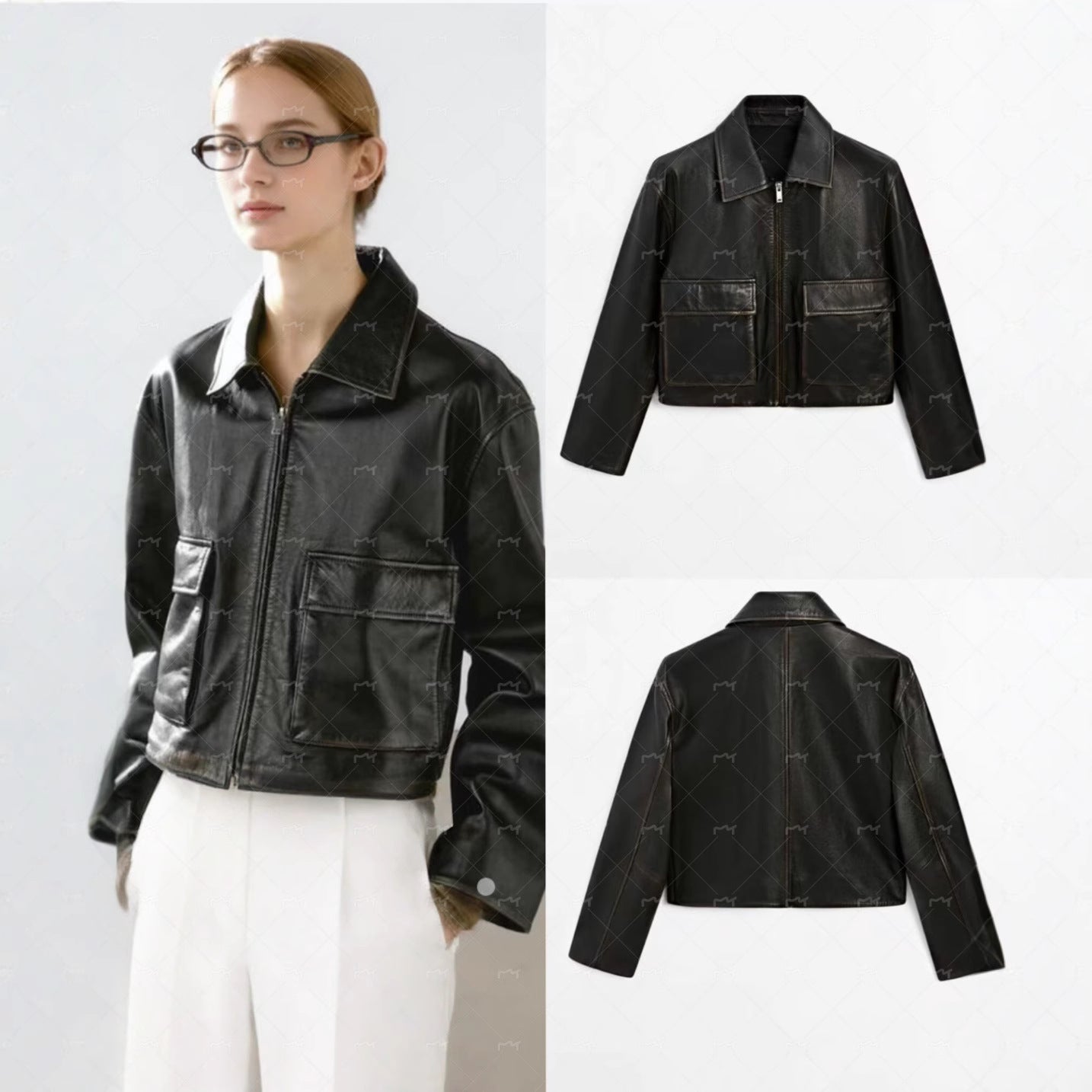 Women's Short Boxy Leather Look Jacket with Zip and Large Flap Pockets Chichicherry