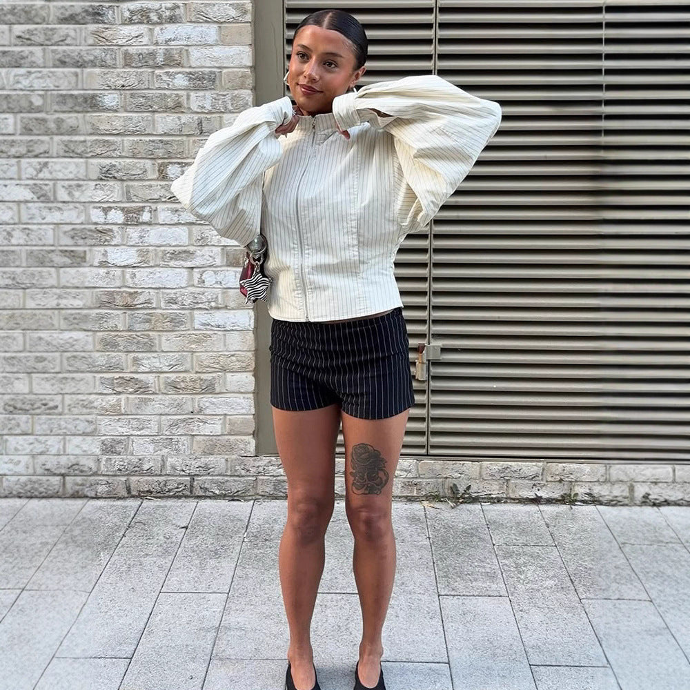 Women Short fitted bomber jacket with stand-up collar and fine pinstripe texture Chichicherry