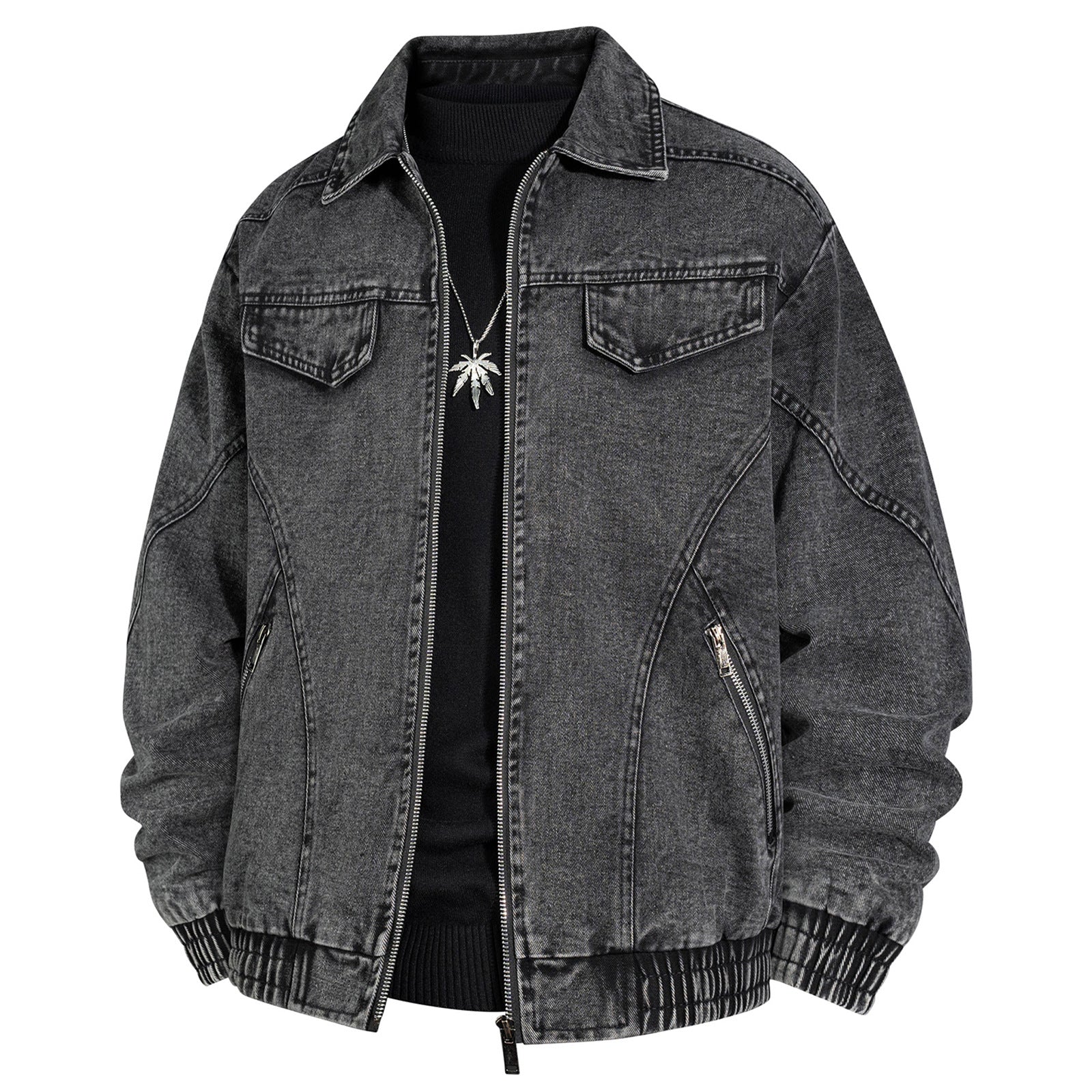 Men's Oversized Jeans Bomber Jacket with Stone Wash, Zipper and Ribbed Hem Chichicherry