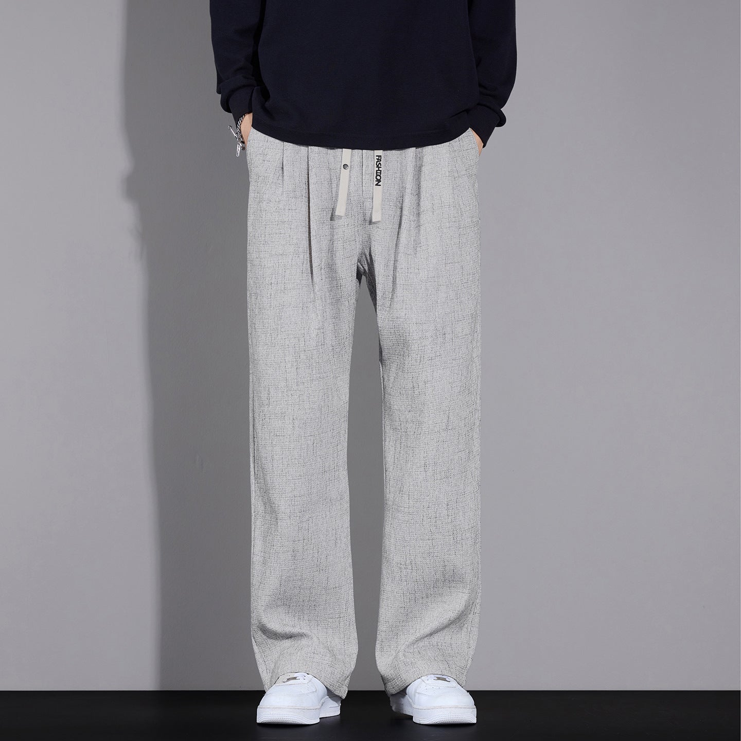 Men's Loose Lightweight Trousers with Pleats, Drawstring and Side Design Stripe Chichicherry