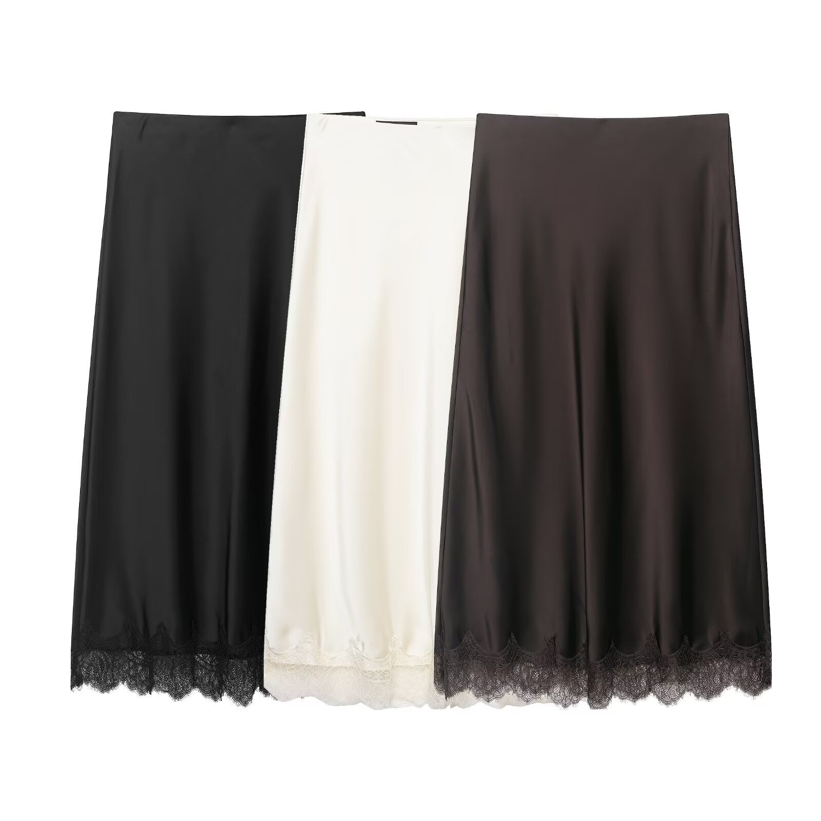 Women Satin Midi Skirt with Flared A-Line and Lace Trim Chichicherry