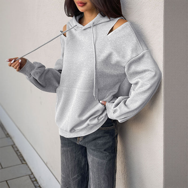 Women Casual Hoodie with Shoulder Openings, Kangaroo Pocket and Ribbed Cuffs Chichicherry