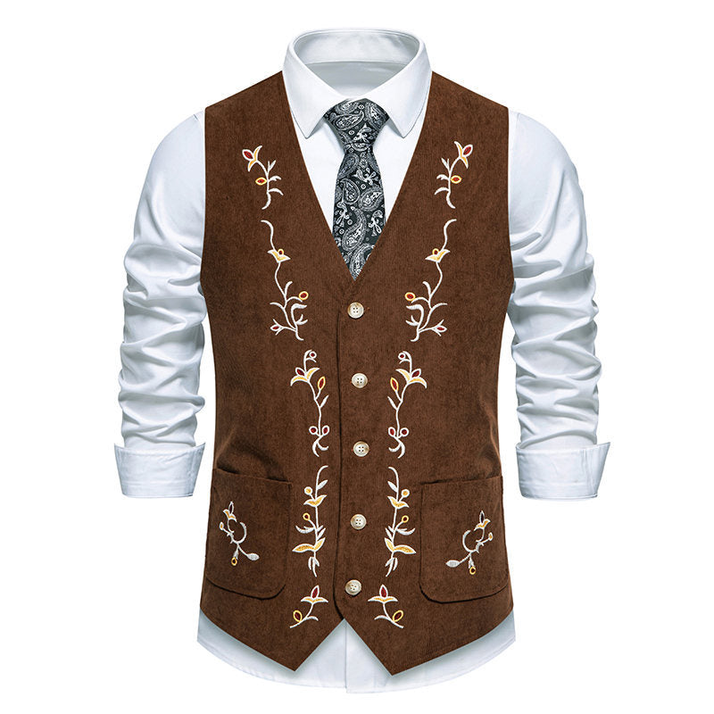 Men's Traditional Embroidered Suit Vest with V-Neck and Decorative Buttons Chichicherry