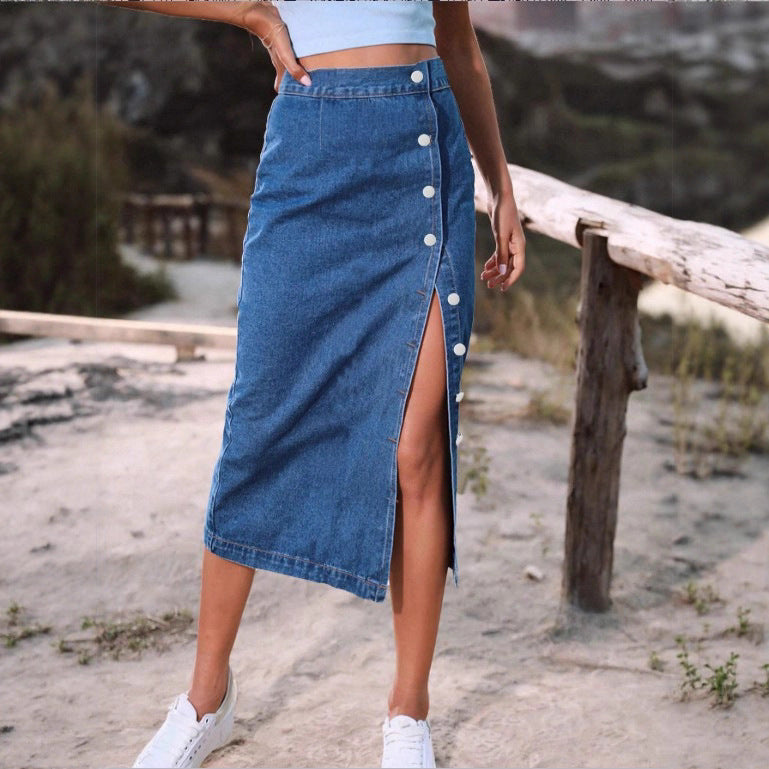 Ladies jeans midi skirt with side button placket and high thigh slit Chichicherry