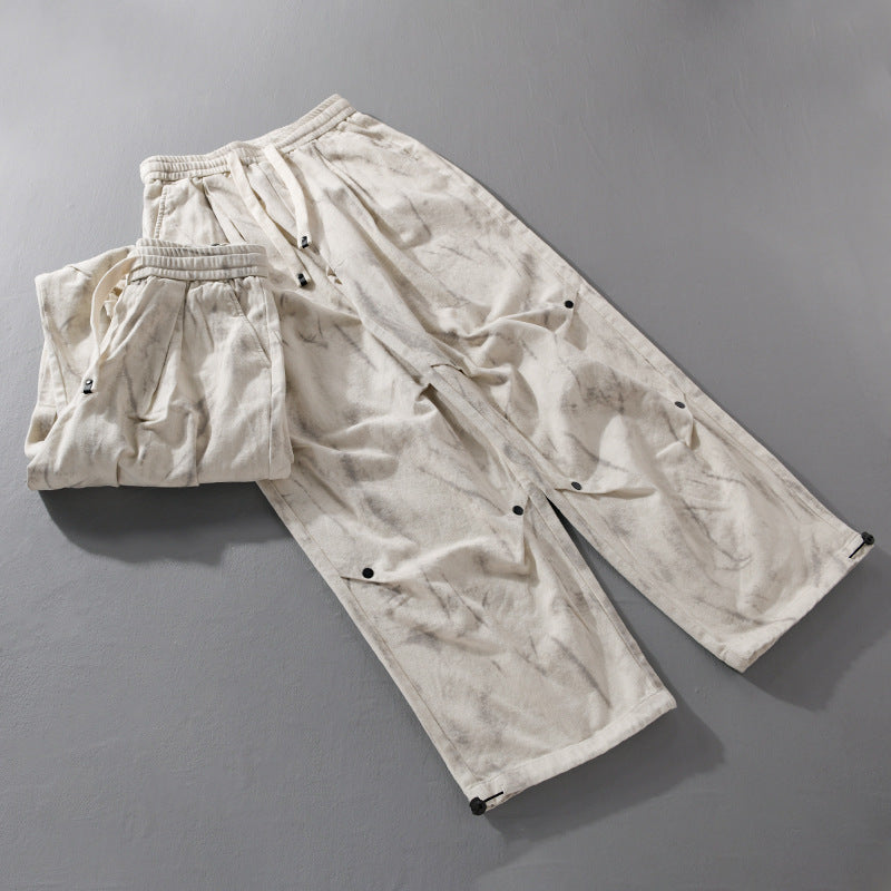 Men's Wide Baggy Cargo Pants with Marble Print and Drawstring Chichicherry