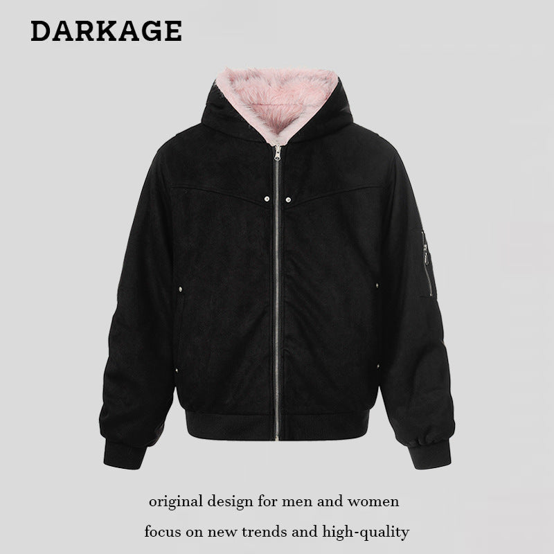 Women Padded Hooded Bomber Jacket with Faux Fur Lining, Velvet Outer Material and Zipper Chichicherry
