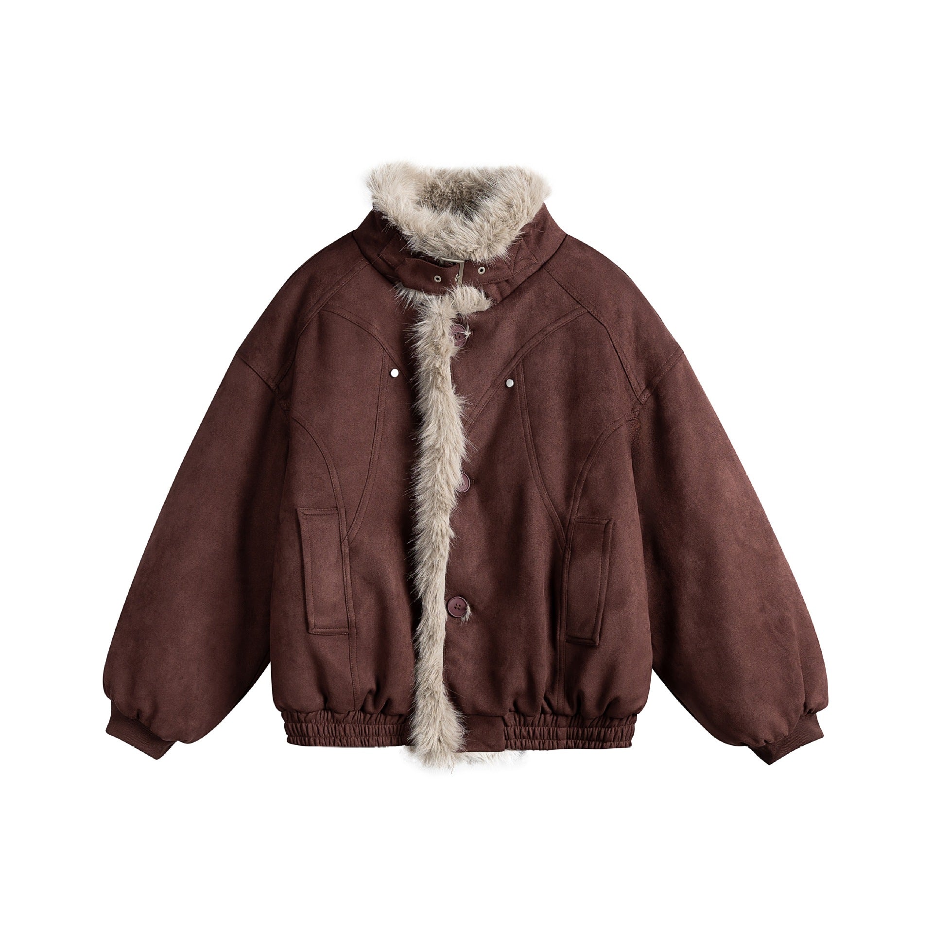 Women's boxy bomber jacket made of faux suede with a voluminous faux fur collar Chichicherry