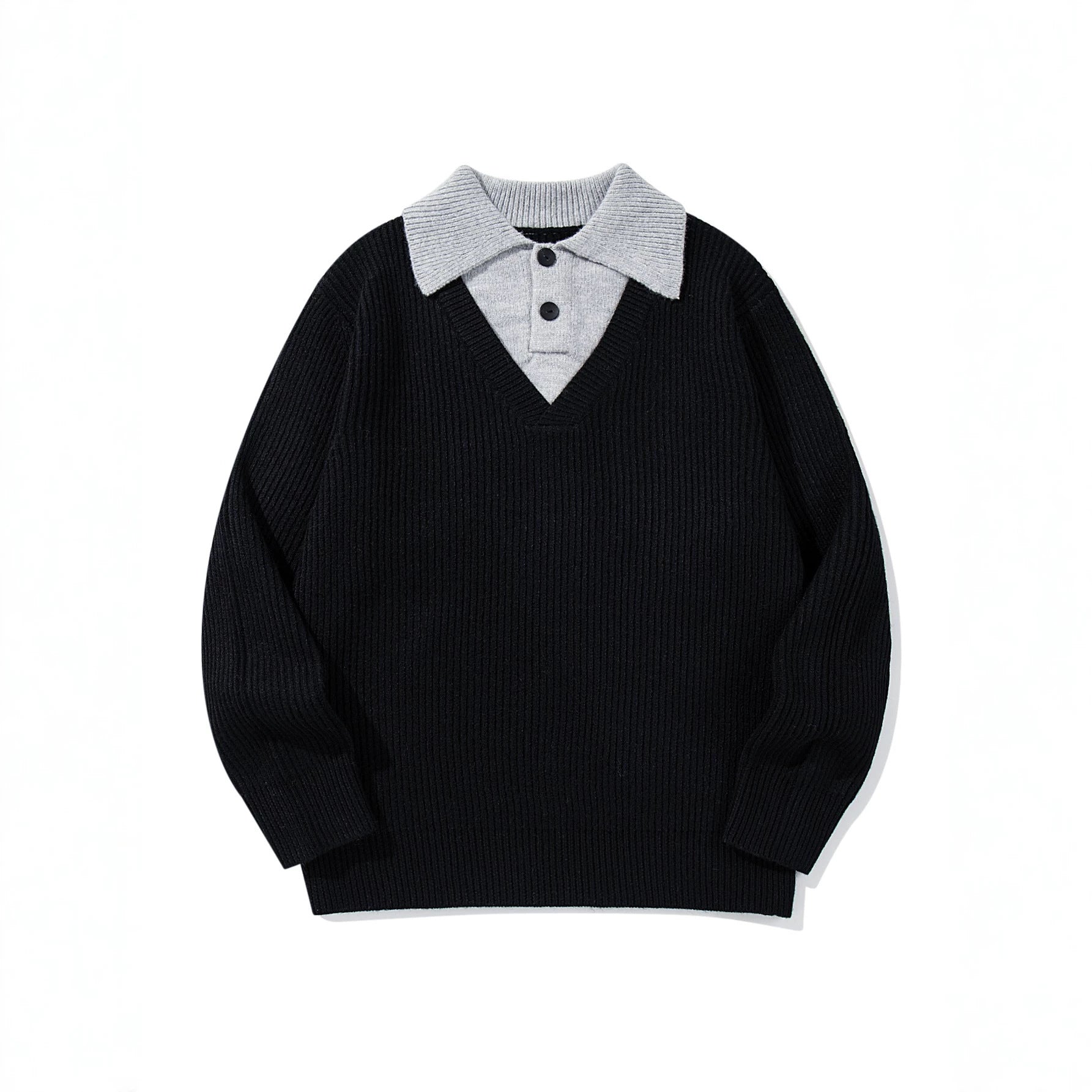 Men's Ribbed Knit Sweater with Polo Collar Insert and Deep V-Neck Chichicherry