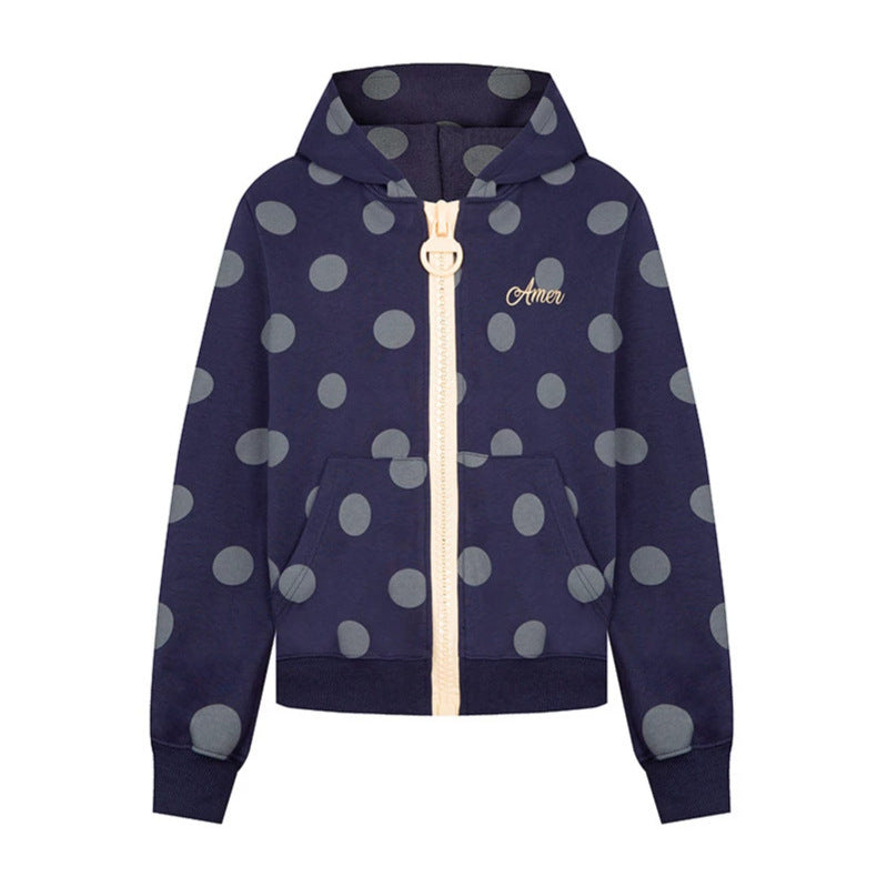 Women's cropped hooded zip jacket with large polka dot pattern and decorative zipper Chichicherry