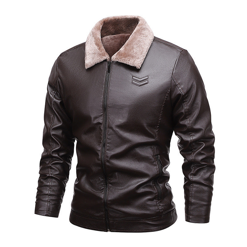 Men's Faux Leather Bomber Jacket with Warming Sherpa Lining and Revere Collar Chichicherry