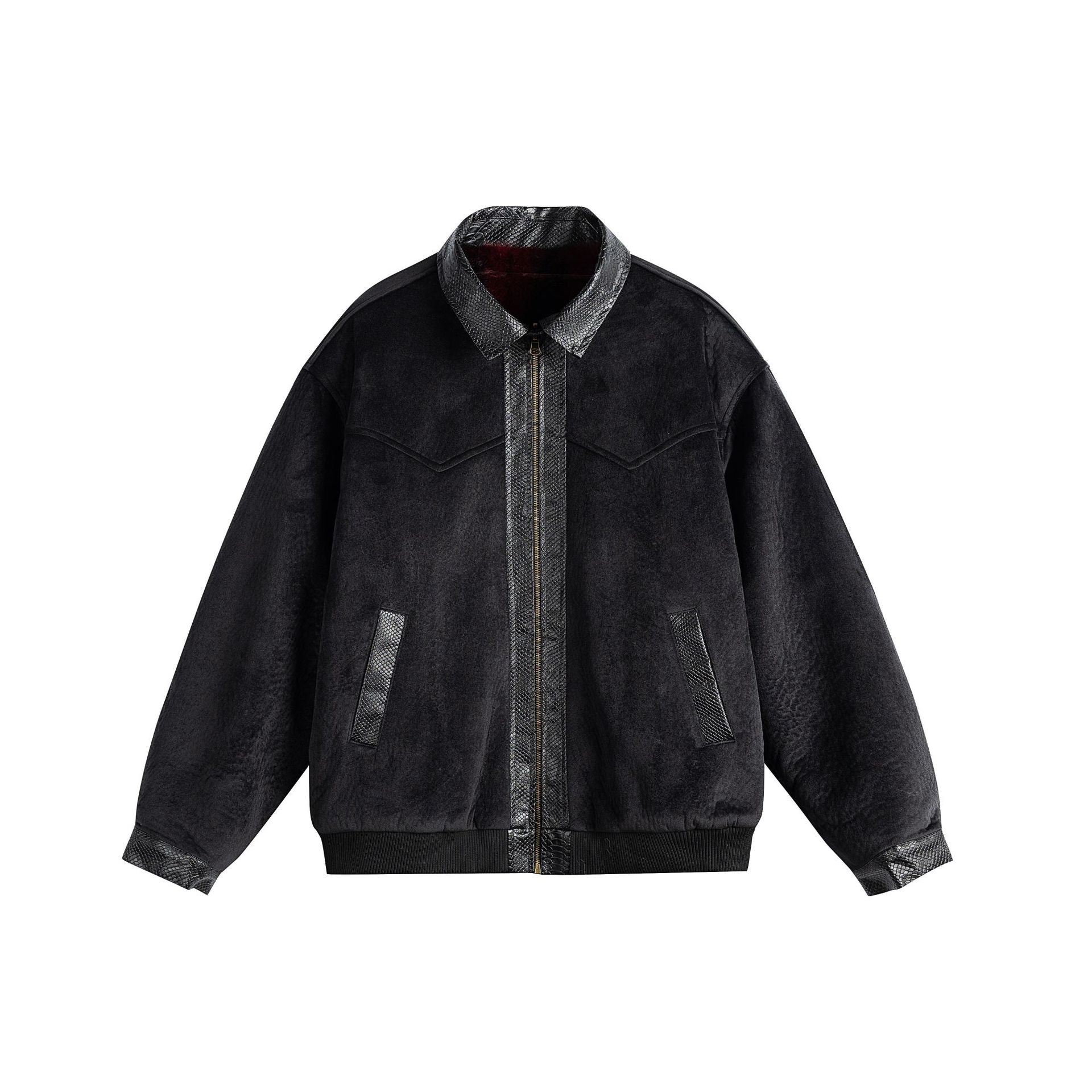 Unisex Oversize Blouson Jacket made of Velours-Suede with reptile embossed trim and warming teddy lining Chichicherry