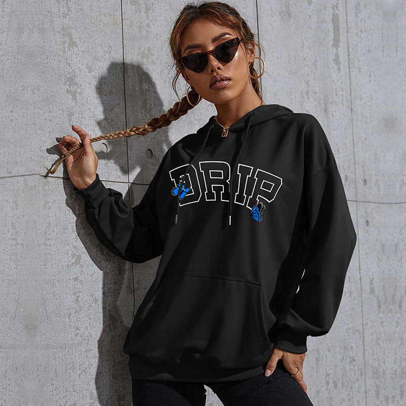 Women's Oversized Hoodie with Kangaroo Pocket and Butterfly Embroidery Chichicherry