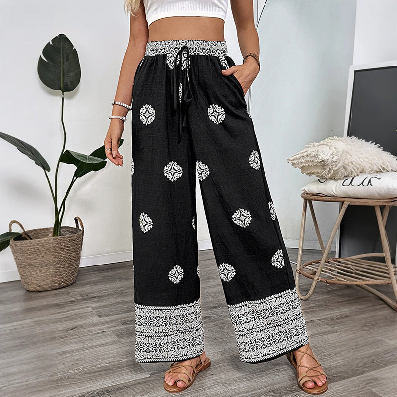 Women's Boho Print Palazzo Pants with Wide Leg, Elastic Drawstring Waistband and Side Pockets Chichicherry