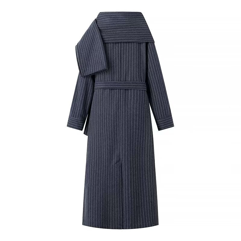 Women Tailored Pinstripe Coat with Ties and Wide Maxi Skirt Chichicherry