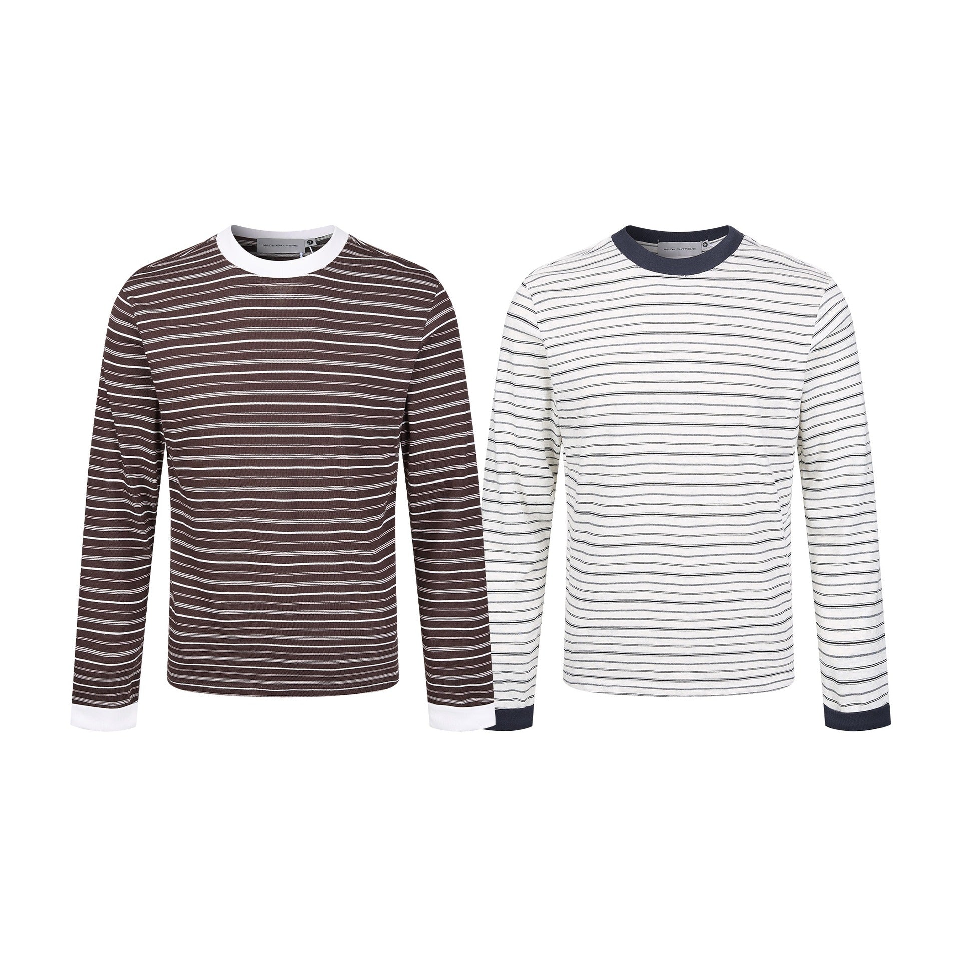 Men's Striped Long Sleeve Shirt Made of Cotton Blend with Ribbed Round Neck
